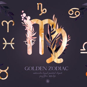 38 clipart dello zodiaco dorato, illustrazioni dello zodiaco ad acquerello, clipart del set dello zodiaco, segno zodiacale con clipart ad acquerello, clipart digitale dello zodiaco dorato