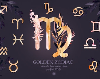May include: A set of twelve gold zodiac signs with watercolor floral accents. The signs are arranged in a circle around the Virgo sign, which is in the center of the image. The background is a dark purple.