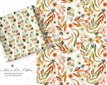 Watercolor hand painted floral pattern, autumn patterns, flowers fabric, watercolor backgrounds, seamless patterns - Autumn Duo Patterns
