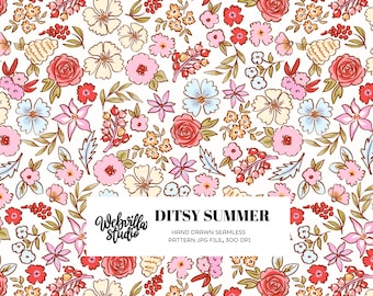 Ditsy Summer Floral Seamless Pattern, Hand Drawn Rose Digital Paper, Cottagecore Fabric Design, Vintage Flower Surface Pattern