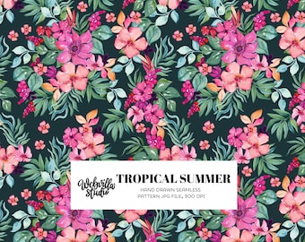 Watercolor Tropical Floral Seamless Pattern, Dark Green Digital Paper, Hand Drawn Pink Flowers, Fabric Printing & Branding Design