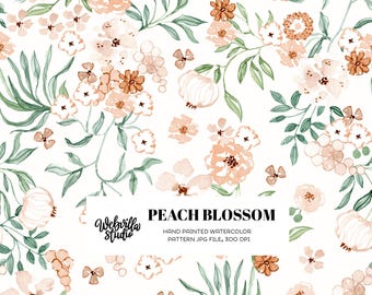 Peach Blossom Seamless Pattern, Vintage Floral Fabric Design, Cottage Wallpaper, Soft Botanical Digital Paper