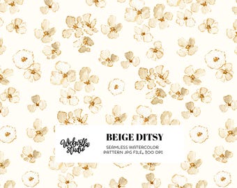 Hand Painted Beige Ditsy Floral Seamless Pattern, Watercolor Digital Paper for Fabric and Wallpaper, Small Flower Repeat Design
