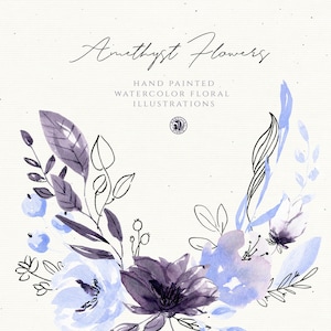 Clipart dipinto a mano ad acquerello di 25 fiori, acquerello di mazzi digitali, clipart acquerello, set di clipart viola botanico - fiori di ametista