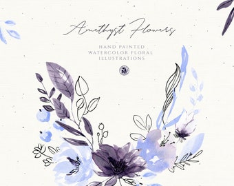 25 flowers watercolor hand painted clipart, digital bouquets watercolor, watercolor clipart, botanical violet clipart set - Amethyst Flowers