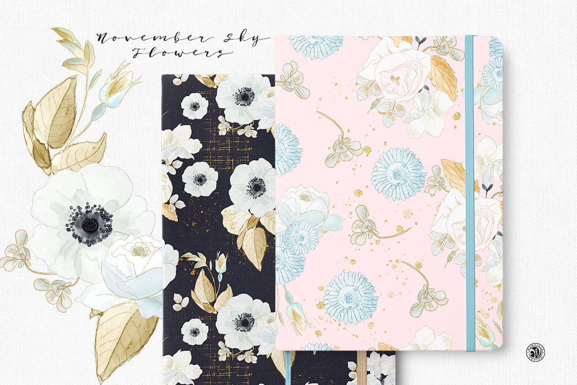 November Sky Flowers 11 Clipart Watercolor Flowers and Papers, Clipart