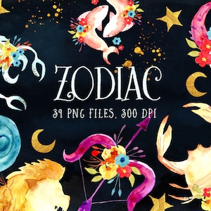 39 cliparts du zodiaque, illustrations du zodiaque aquarelle, clipart set zodiaque, aquarelle clipart signe du zodiaque, clipart zodiaque numérique