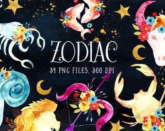 39 Zodiac clipart, watercolor zodiac illustrations, zodiac set clipart, watercolor clipart zodiac sign, digital zodiac clipart