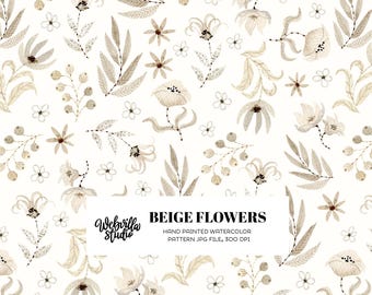 Beige Watercolor Floral Pattern, Neutral Botanical Seamless Digital Paper, Baby Clothes Fabric Printing Stationery