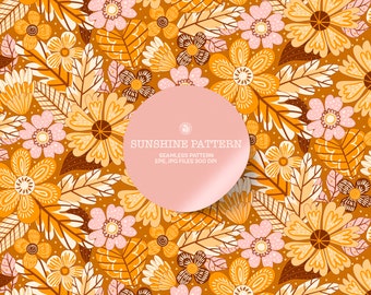 Floral seamless hand drawn pattern, 1970 style pattern, flowers fabric, floral background pattern - Sunshine Flowers Pattern