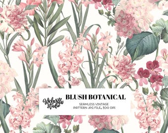 Blush Botanical Seamless Pattern, Vintage Floral Digital Paper, Pink Hydrangea Rose, Antique Garden Fabric Print, Scrapbooking Background