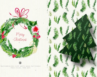 36 Christmas Decoration watercolor clipart set, illustrations for Christmas decorations, clipart for cards, digital pattern, greetings