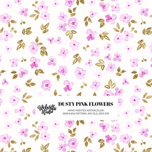 Könnte beinhalten: Nahtloses Aquarellmuster mit staubrosa Blüten und braunen Blättern auf weißem Hintergrund. Das Design enthält den Text "Dusty Pink Flowers" und "Webvilla Studio".