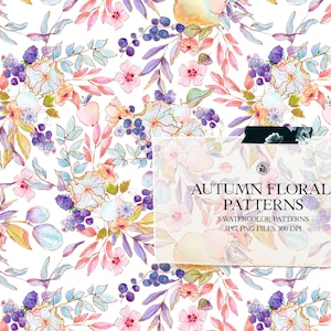 3 handgemalte aquarellierte florale digitale Muster, Herbstmuster, Blumenstoffe, Trio-Aquarell-Muster - Autumn Flowers Patterns