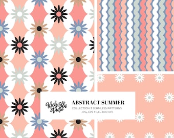 Abstract Summer Seamless Patterns Bundle, Retro Floral Digital Paper Pack, Boho Daisy Collection, Peach Blue Kids Fabric Design, Sewing Mom