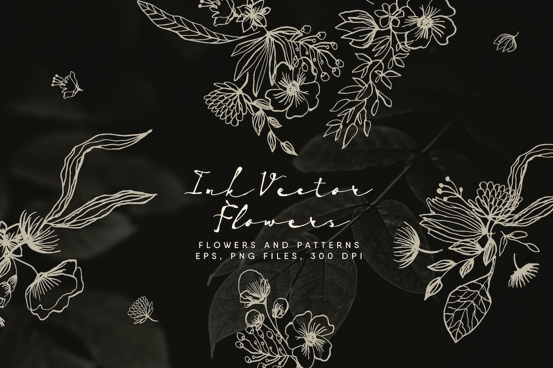 Ink Flower Clipart Set: Vector Floral Bouquets & Patterns (digital ...