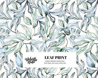 Watercolor Sage Green Wallpaper, Soft Blue Leaves Nursery Decor, Coastal Cottage Wrapping Paper, Elegant Leaf Prints