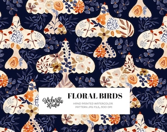 Navy blue floral bird pattern for wallpaper, nursery decor and fabric printing