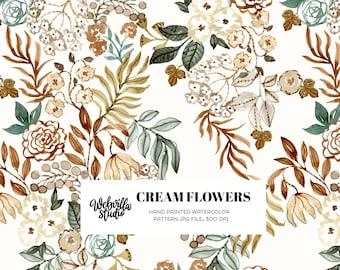 Cream Floral Watercolor Seamless Pattern, Boho Botanical Digital Paper, Earthy Neutral Flower Background, Vintage Rose Leaf Surface Design
