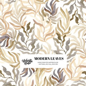 May include: Watercolor pattern featuring a repeating design of stylized leaves in shades of beige, brown, and gray on a white background. The text "MODERN LEAVES" is displayed on a white rectangle, along with the studio name and details.