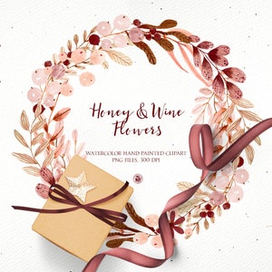 32 watercolor hand painted clipart, botanical clipart, digital flowers for cards, invitation, wreath clipart, painted Honey Wine Flowers