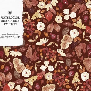 Rode herfst aquarel naadloos handgetekende patroon, bloemmotief, herfststof - rode herfstpatroon - met commerciële licentie