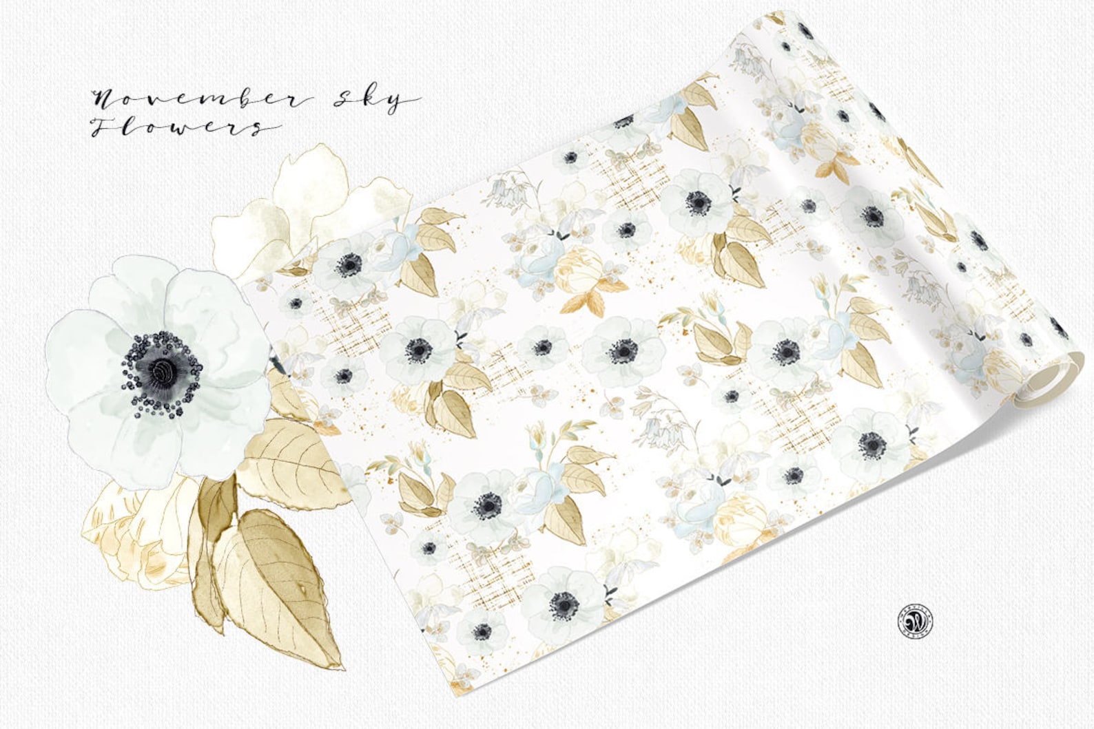 November Sky Flowers 11 Clipart Watercolor Flowers and Papers, Clipart