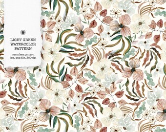 Watercolor light green floral pattern, seamless pattern, watercolor fabric, floral textile, pattern -  Light Green Floral Watercolor Pattern