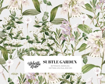 Botanical Seamless Pattern, Vintage Floral Digital Paper, Chateau Garden, Cottagecore Repeating Tile, Elegant White Green Fabric Print