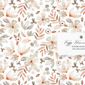 Watercolor Floral Pattern: Beige & Gray Foggy Flowers (PNG, JPG)