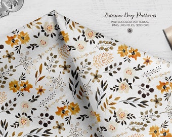 5 watercolor hand painted floral digital patterns, digital patterns, flowers fabrics, watercolor seamless patterns - Autumn Day Patterns