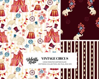 Hand Painted Red and Gold Circus Tent Pattern Set of 3 for Nursery Fabric Design and Kids Wallpaper, Vintage Elephant Watercolor Collection