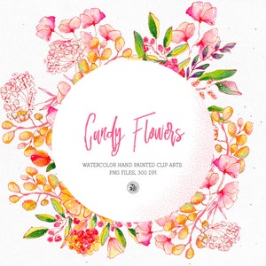 32 Stück Aquarell Blumen Clipart Set, Aquarell Blumen Gesteck, botanische Blumen Clipart Set für Einladungen - Candy Flowers