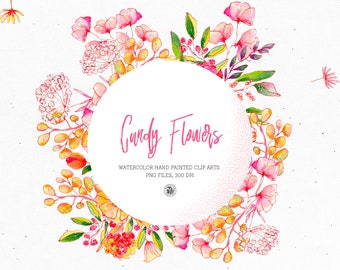 32 elements watercolor floral clipart set, watercolor flowers arrangement, botanical floral clipart set for invitations - Candy Flowers