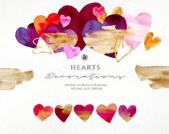 BIG 100 elements Watercolor Hearts, watercolor hand painted hearts, heart clipart, gold digital hearts, gold clipart valentines, gold heart