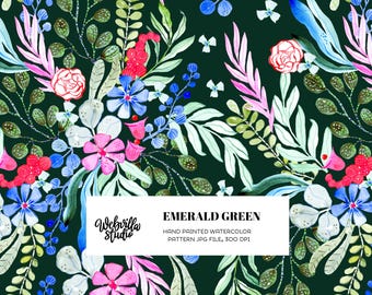 Emerald Green Watercolor Floral Pattern, Dark Botanical Seamless Design, Hand Painted Flower Surface Pattern, Boho Wildflower Repeat Print