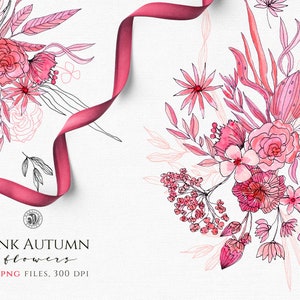 Pink Autumn Watercolor Flower Clipart: Floral Bouquets (PNG, 300 dpi)