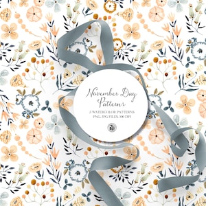 5 motifs numériques floraux peints à la main à l'aquarelle, motifs numériques pour chambre de bébé, tissus à fleurs, motifs sans couture - motifs de la journée de novembre