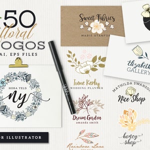 Big 50 floral logos set, elements vector hand drawn clipart, feminine logos set, hand drawn logo, vector logos, floral clipart logos diy set image 1