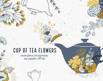 Big set 59 Cup of Tea Flowers clipart, floral vector hand drawn clipart, hand drawn kitchen vector, rustic diy flowers clipart set, tea set