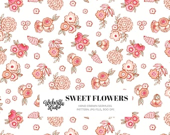 Pink Peach Floral Seamless Pattern, Hand Drawn Ditsy Flower Digital Paper, Baby Girl Nursery Surface Design, Cottagecore Cute Fabric
