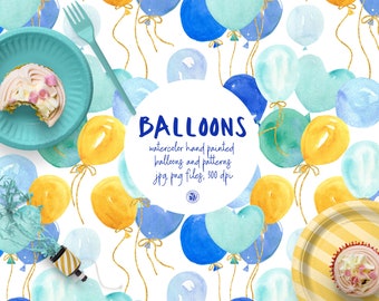 Balloons watercolor clipart and 4 digital patterns, 30 painted watercolor balloons clipart, digital printable party balloons, party patterns