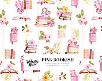 Pink Bookish Watercolor Seamless Pattern, Hand Painted Book Lover Digital Paper, Botanical Reading Repeat Pattern, Books Scrapbook Design