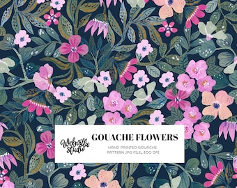 Hand Painted Gouache Floral Seamless Pattern, Pink Botanical Digital Paper, Navy Wildflower Repeat Design, Fabric Surface Pattern