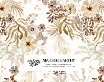 Neutral Earthy Watercolor Seamless Pattern, Boho Floral Repeat Pattern, Hand Painted Botanical Surface Design, Neutral Wildflower Textile
