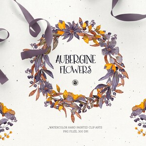 25 Clipart Aquarell Blumen Set, digitaler Kranz, Hochzeit Clipart, Aquarell Kranz, Aquarell Bouquet, Blumen Clipart - Aubergine Blumen