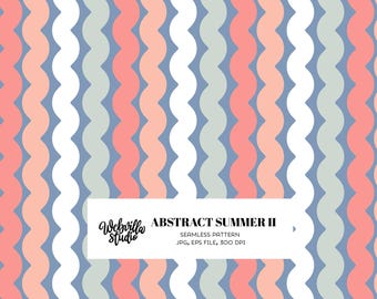 Retro Wave Seamless Pattern, Coral Sage Blue Wavy Stripe Pattern, Abstract Summer Repeat Pattern, Boho Ric Rac Paper, Groovy Fabric Design