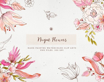 40 Nugat flowers, flowers watercolor hand painted clipart, ink floral clipart, digital bouquets watercolor, floral clipart