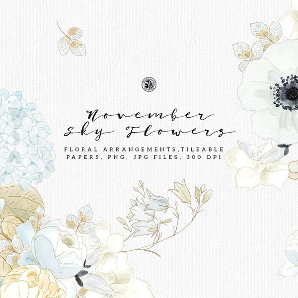 November Sky Flowers - 11 clipart watercolor flowers  and papers, clipart, digital wedding bouquets, light flower clipart invitation