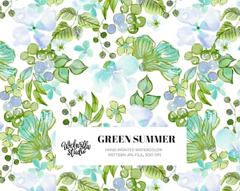 Green Summer Watercolor Floral Pattern, Hand Painted Seamless Digital Paper, Teal Blue Botanical Print, Fabric Design, Kids Clothing Print